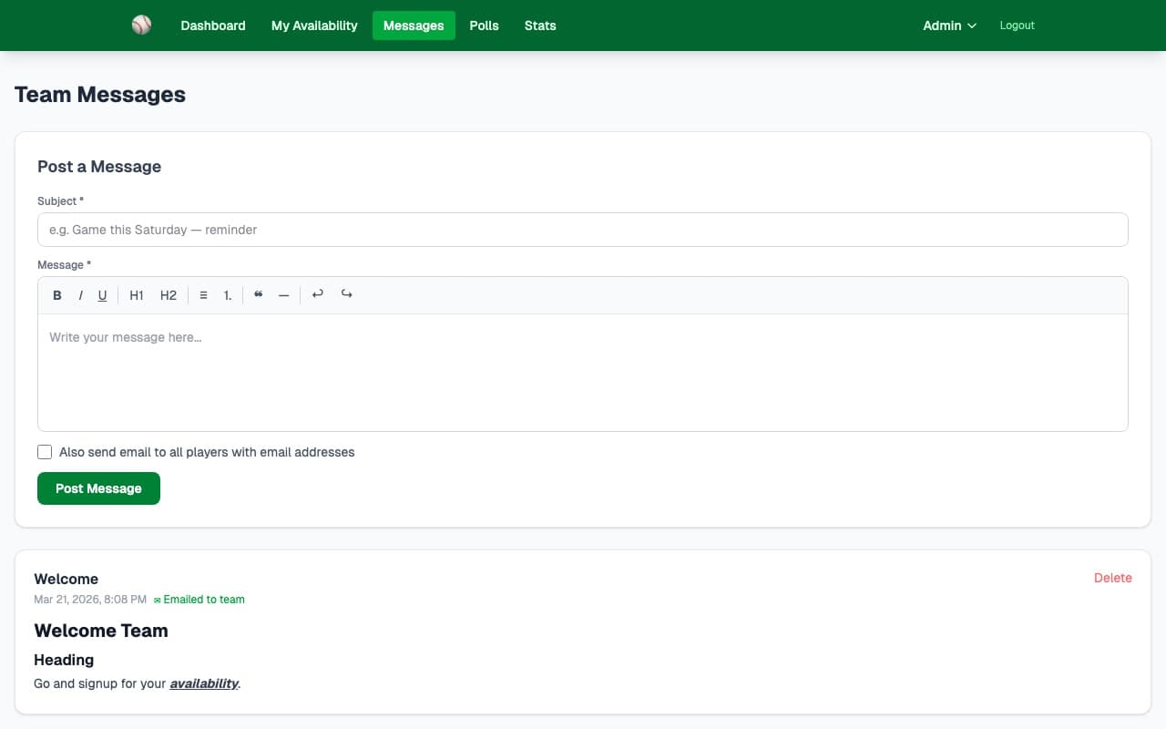 Softball team messages page showing a list of past announcements sent to the team with subject, date, and message body